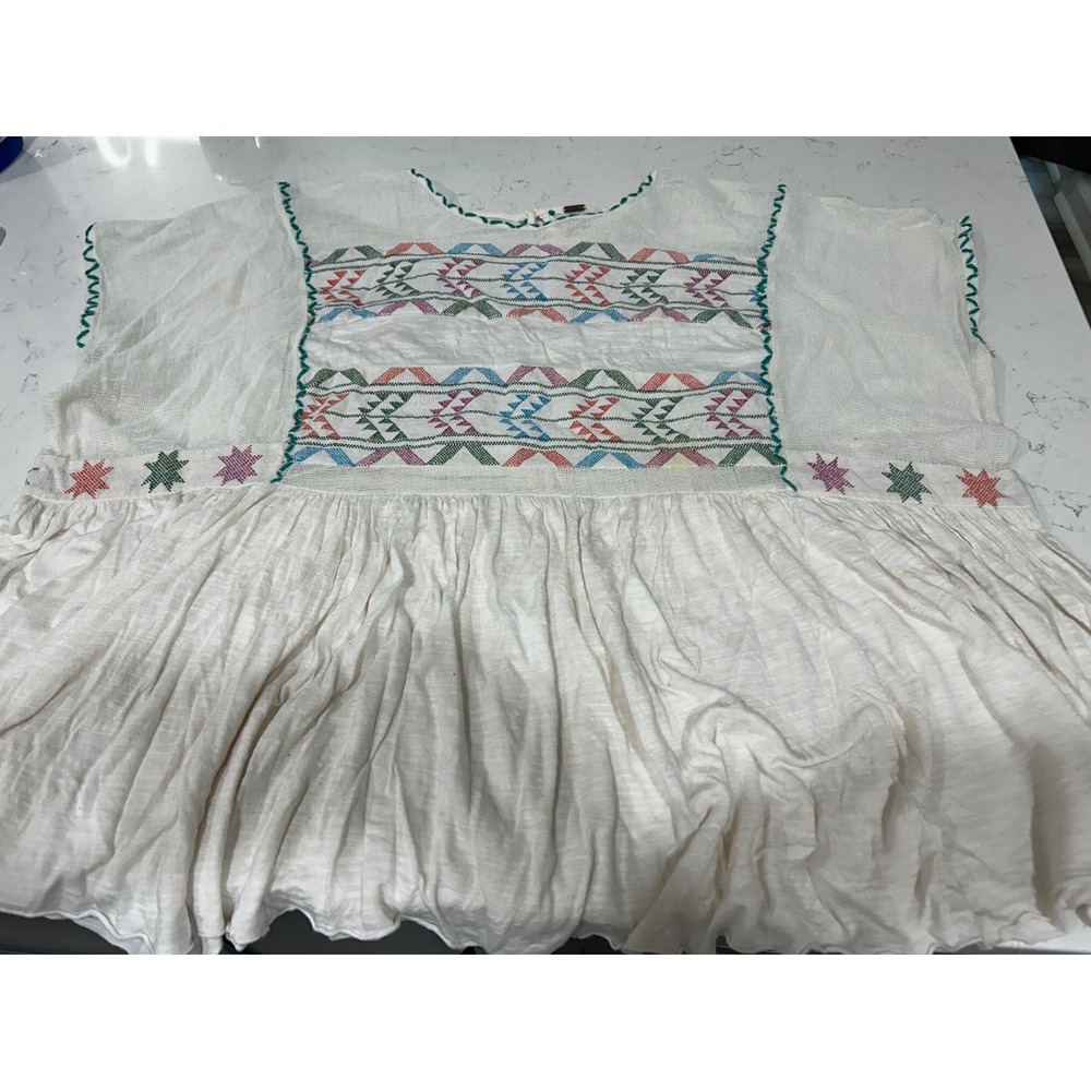 Free People Womens Embroidered Babydoll Gauze Blouse Cotton Viscose S White